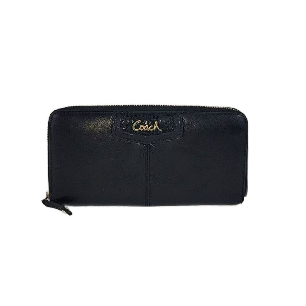 Coach Ashley Leather Wallet Accordion 3 Side Zip Black Wristlet